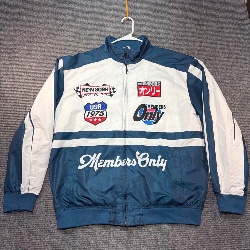 Members Only Sport Mens Teal Blue White Racing Graphic Windbreaker Jacket Large